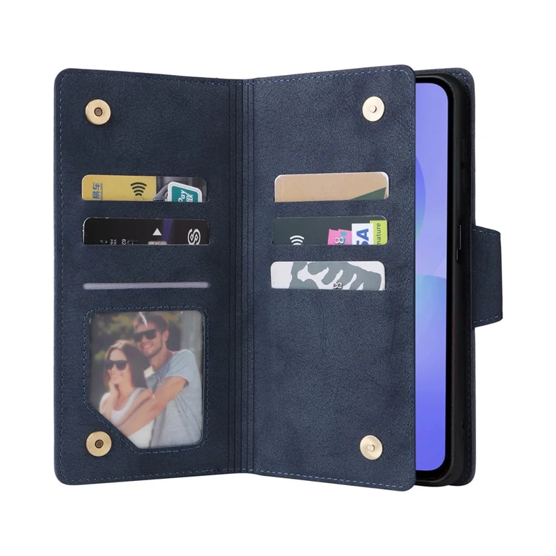 For Samsung Galaxy A27 Case Zipper Wallet Rivet Decor Leather Phone Cover with Wrist Strap - Blue
