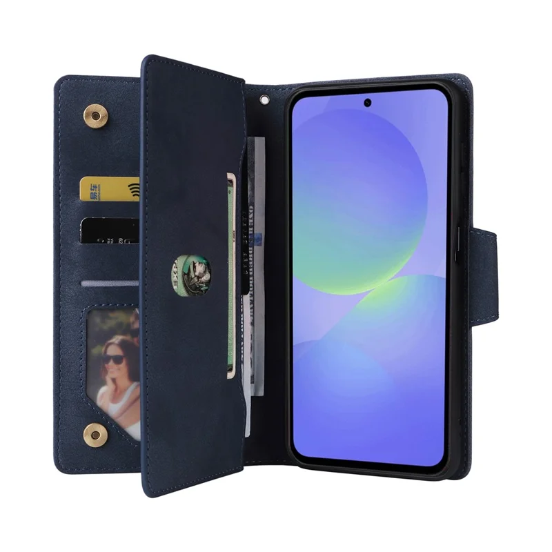 For Samsung Galaxy A27 Case Zipper Wallet Rivet Decor Leather Phone Cover with Wrist Strap - Blue