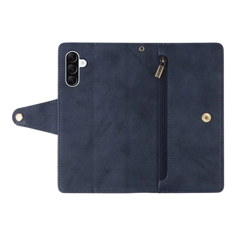 For Samsung Galaxy A27 Case Zipper Wallet Rivet Decor Leather Phone Cover with Wrist Strap - Blue