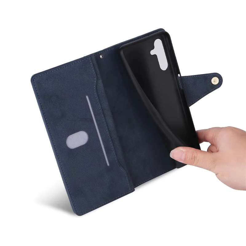 For Samsung Galaxy A27 Case Zipper Wallet Rivet Decor Leather Phone Cover with Wrist Strap - Blue