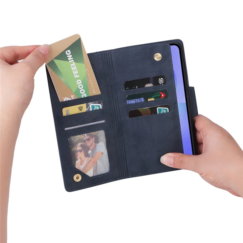 For Samsung Galaxy A27 Case Zipper Wallet Rivet Decor Leather Phone Cover with Wrist Strap - Blue