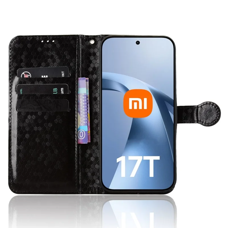 For Xiaomi 17T Pro Wallet Case Dot Pattern Imprint PU Leather Phone Cover with Wrist Strap - Black
