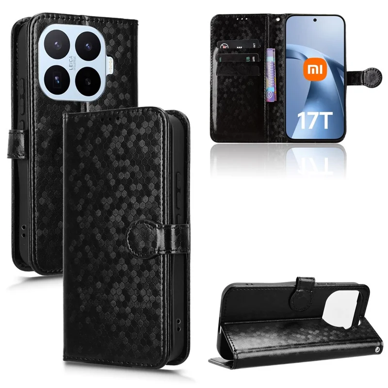 For Xiaomi 17T Pro Wallet Case Dot Pattern Imprint PU Leather Phone Cover with Wrist Strap - Black