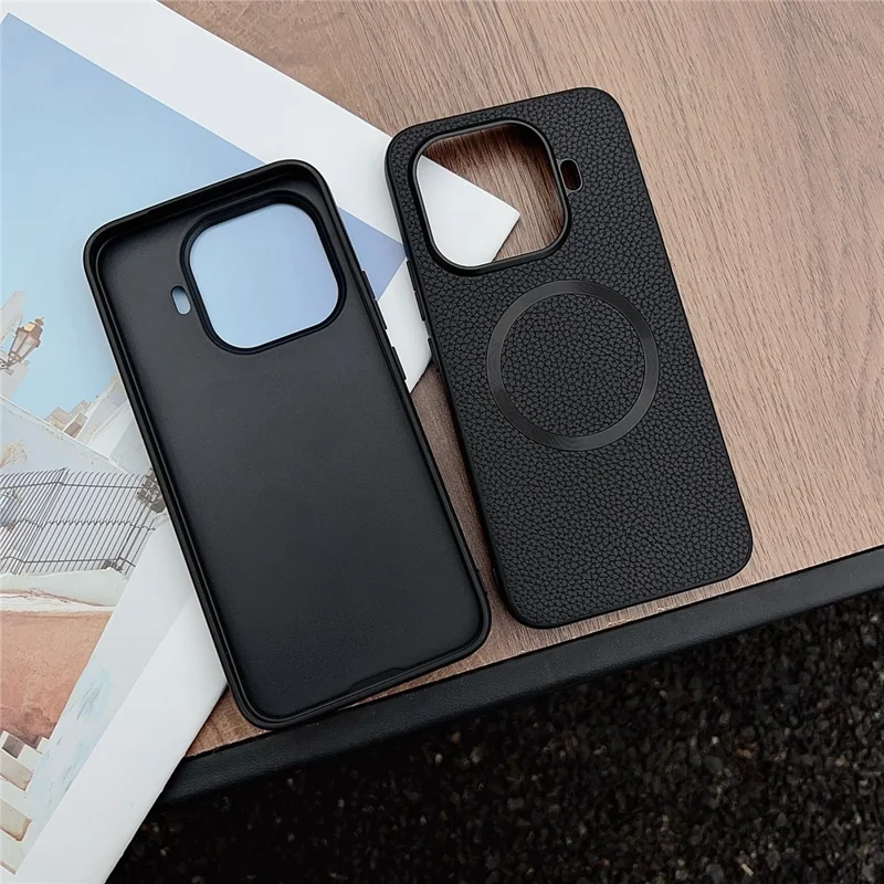 Coque magnétique pour Xiaomi 17T Pro, texture en cuir synthétique PU aspect litchi + coque arrière en TPU - Noir