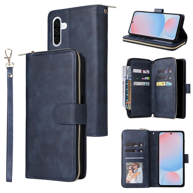 For Samsung Galaxy A27 Case Zipper Pocket 9 Card Slots PU Leather Phone Cover with Hand Strap - Blue