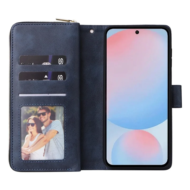 For Samsung Galaxy A27 Case Zipper Pocket 9 Card Slots PU Leather Phone Cover with Hand Strap - Blue