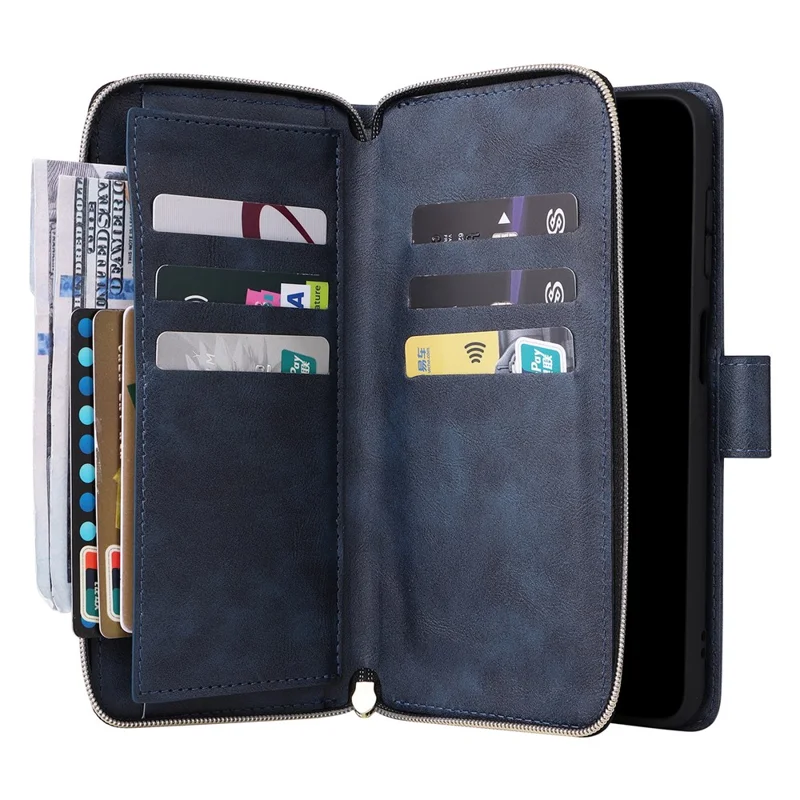 For Samsung Galaxy A27 Case Zipper Pocket 9 Card Slots PU Leather Phone Cover with Hand Strap - Blue