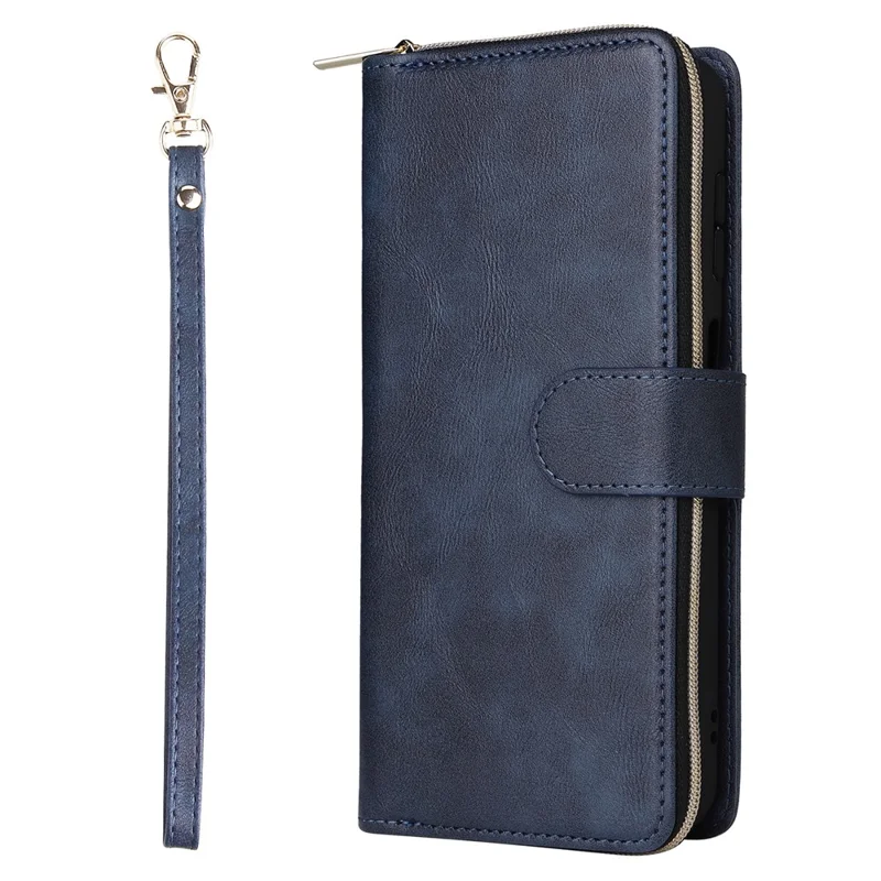 For Samsung Galaxy A27 Case Zipper Pocket 9 Card Slots PU Leather Phone Cover with Hand Strap - Blue