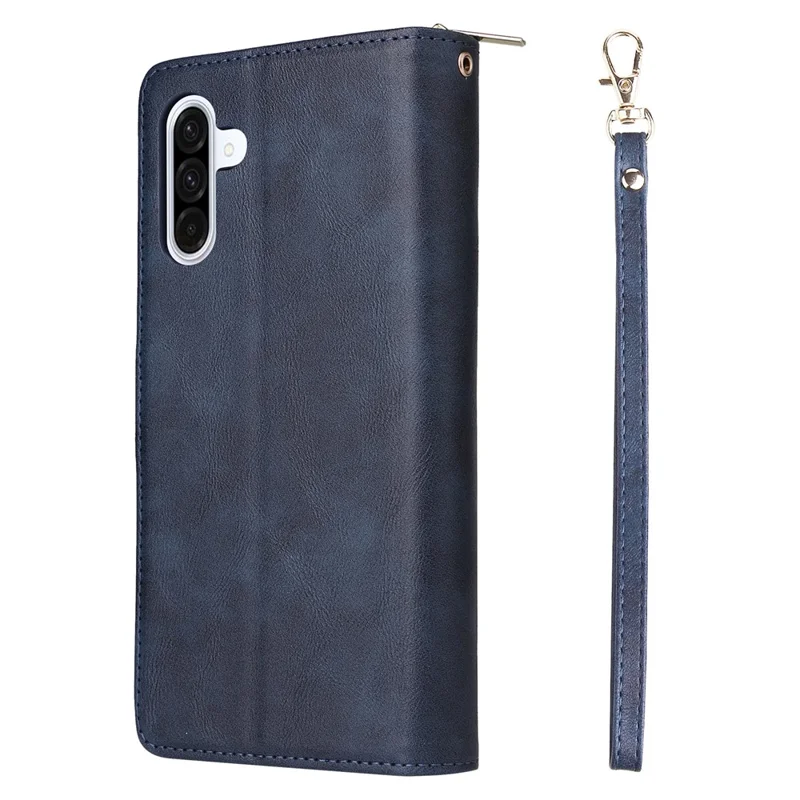 For Samsung Galaxy A27 Case Zipper Pocket 9 Card Slots PU Leather Phone Cover with Hand Strap - Blue