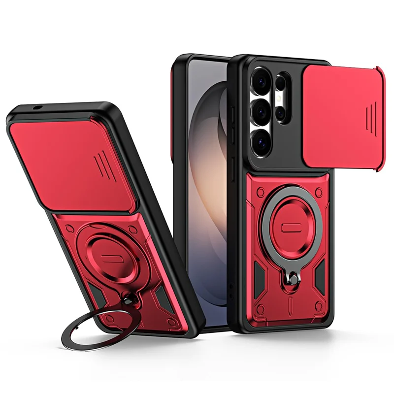 Funda para Samsung Galaxy S26 Ultra con cubierta deslizable para lente, soporte giratorio 360°, resistente a impactos TPU + PC - Rojo