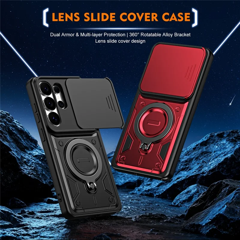 Funda para Samsung Galaxy S26 Ultra con cubierta deslizable para lente, soporte giratorio 360°, resistente a impactos TPU + PC - Rojo