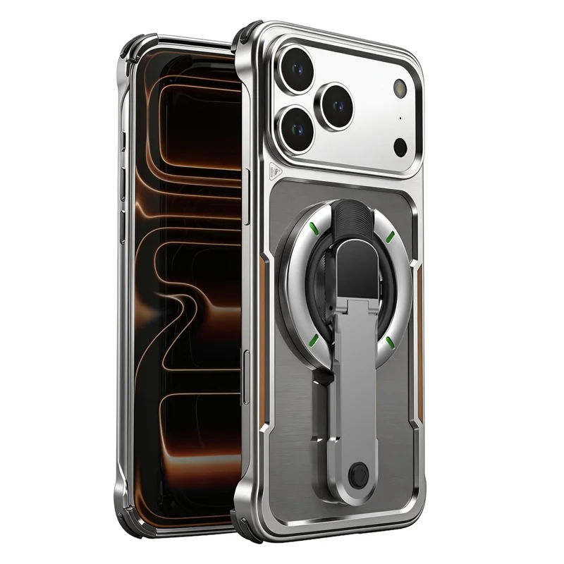 Capa para iPhone 17 Pro Max com Suporte Magnético Giratório em Liga de Titânio, Capa de Proteção à Prova de Choques - Prata