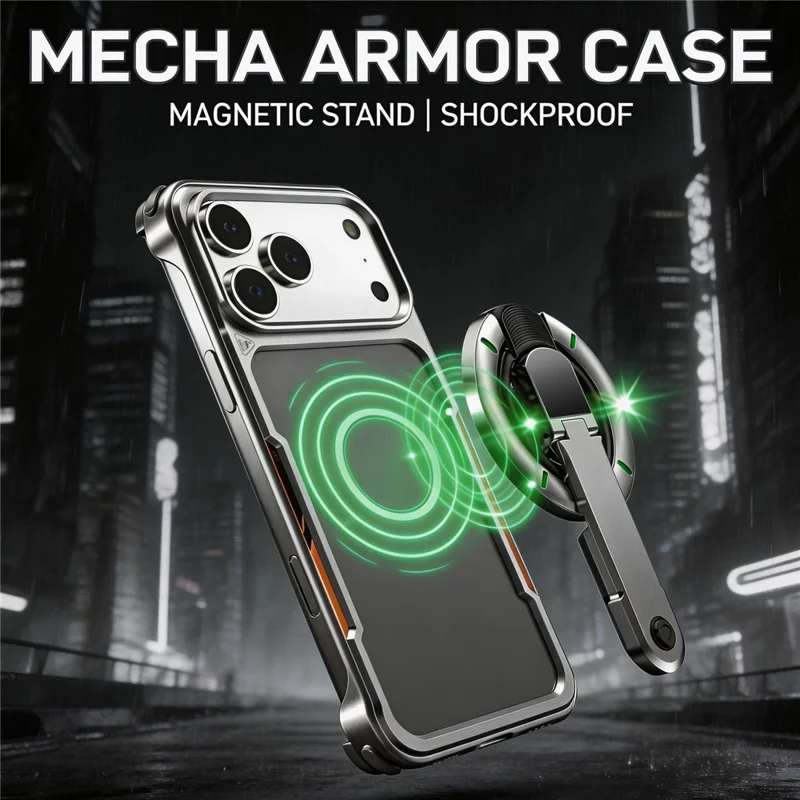 Capa para iPhone 17 Pro Max com Suporte Magnético Giratório em Liga de Titânio, Capa de Proteção à Prova de Choques - Prata