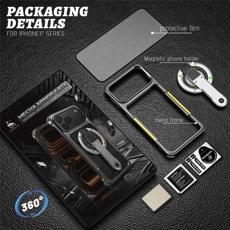 Capa para iPhone 17 Pro Max com Suporte Magnético Giratório em Liga de Titânio, Capa de Proteção à Prova de Choques - Prata