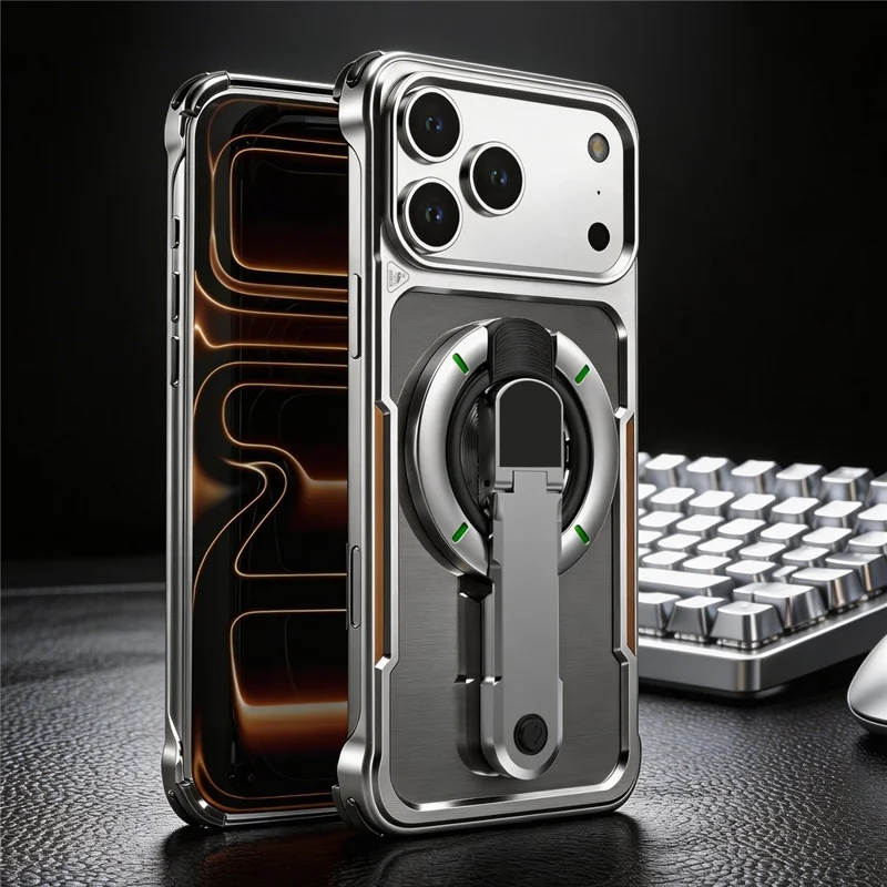 Capa para iPhone 17 Pro Max com Suporte Magnético Giratório em Liga de Titânio, Capa de Proteção à Prova de Choques - Prata