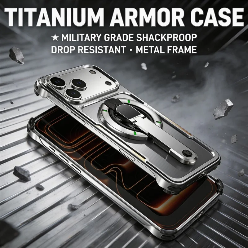 For iPhone 17 Pro Max Case with Magnetic Kickstand Titanium Metal Shockproof Armor Phone Cover - Black