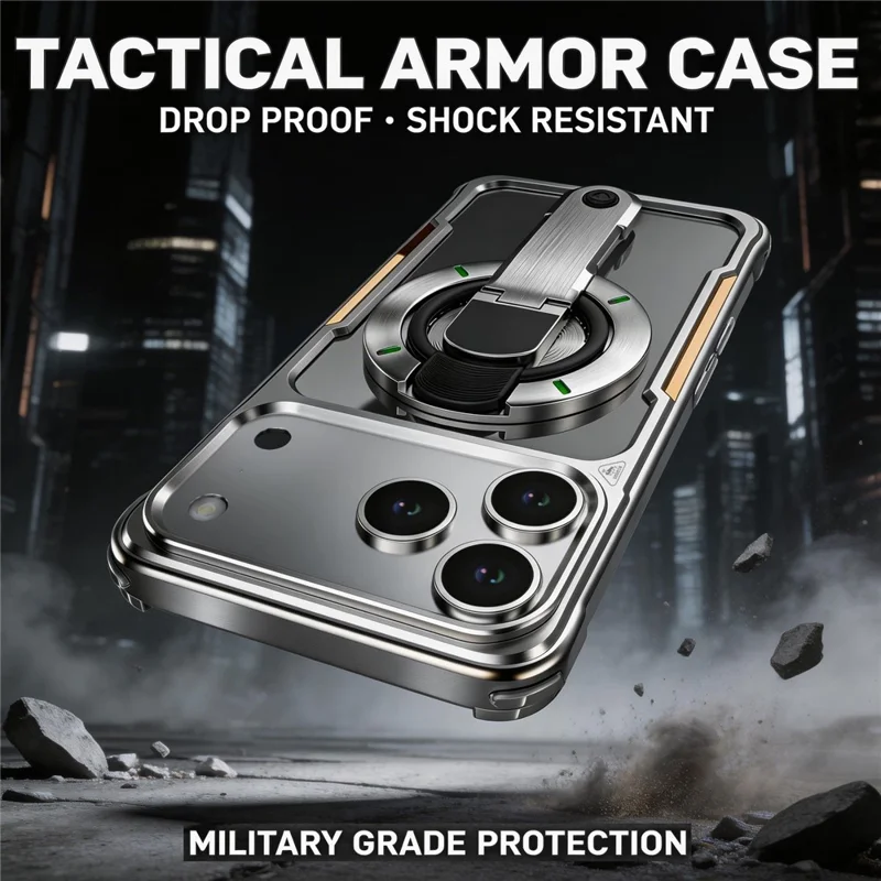For iPhone 17 Pro Max Case with Magnetic Kickstand Titanium Metal Shockproof Armor Phone Cover - Black