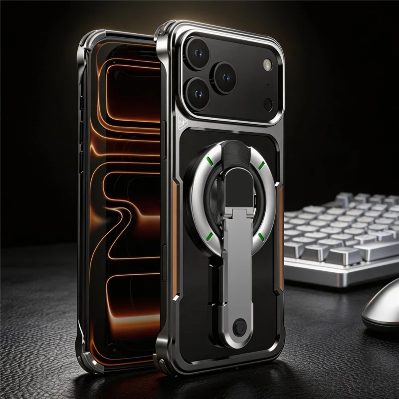 For iPhone 17 Pro Max Case with Magnetic Kickstand Titanium Metal Shockproof Armor Phone Cover - Black