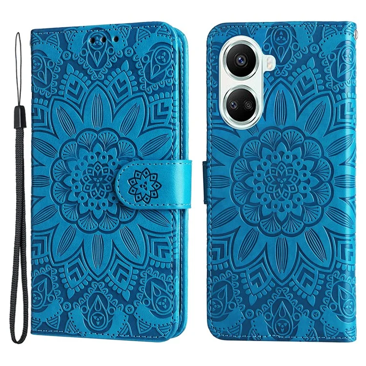 Para Huawei nova 10 SE 4G Funda de teléfono con estampado de girasol de cuero PU con soporte y cierre magnético - Azul