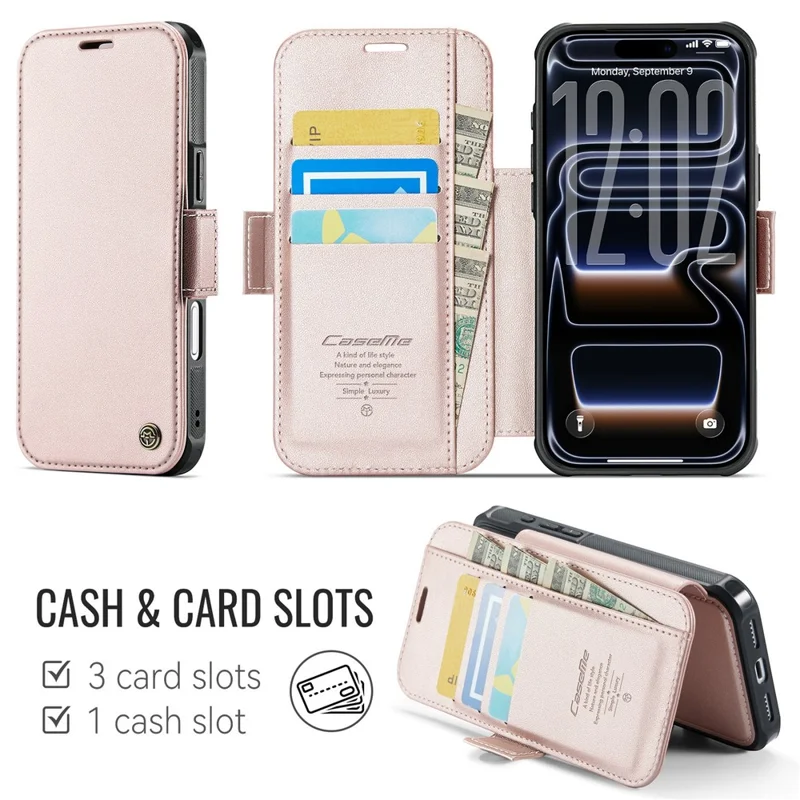 CASEME 053 para iPhone 17 Pro Max Funda Magnética con Bloqueo RFID, Cartera de Cuero Plegable - Dorado Champán