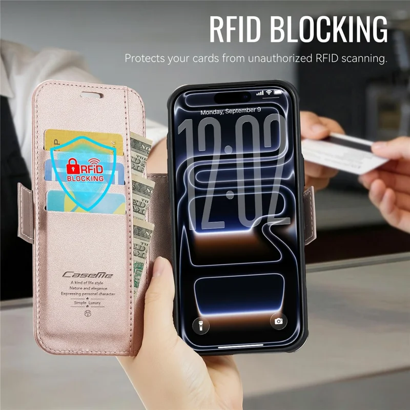 CASEME 053 para iPhone 17 Pro Max Funda Magnética con Bloqueo RFID, Cartera de Cuero Plegable - Dorado Champán