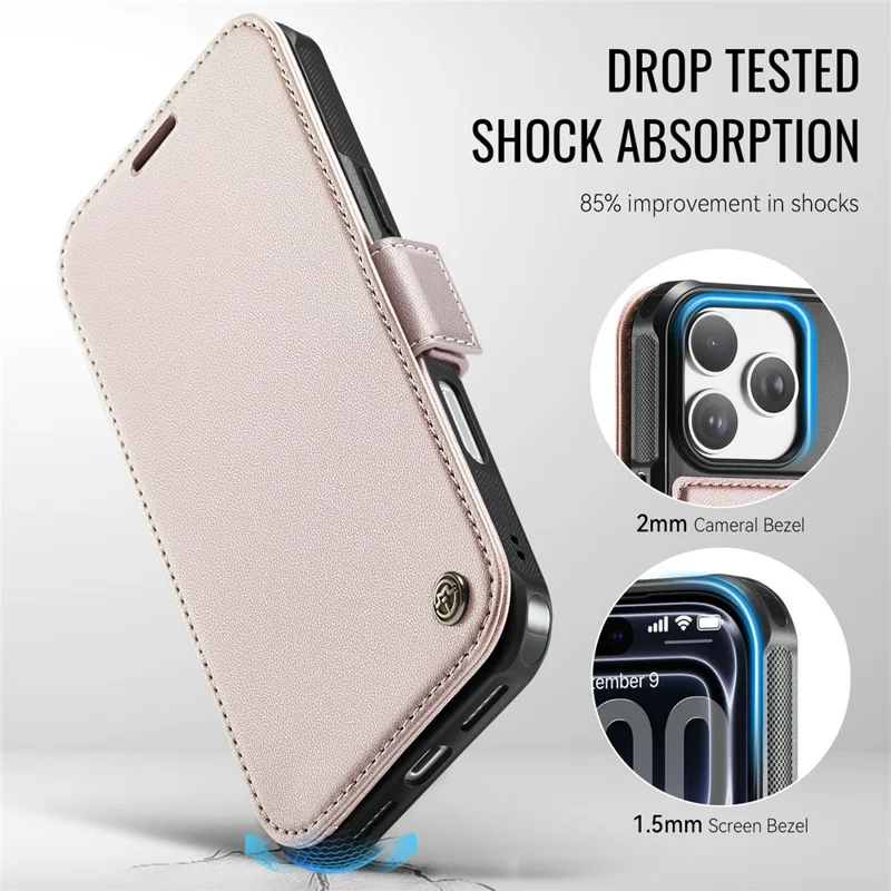 CASEME 053 para iPhone 17 Pro Max Funda Magnética con Bloqueo RFID, Cartera de Cuero Plegable - Dorado Champán