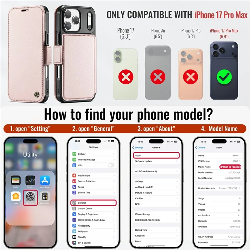 CASEME 053 para iPhone 17 Pro Max Funda Magnética con Bloqueo RFID, Cartera de Cuero Plegable - Dorado Champán