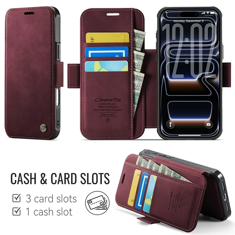 CASEME 053 para iPhone 17 Pro Max Funda Magnética con Bloqueo RFID, Funda Tipo Cartera de Cuero, Cubierta para Teléfono - Rojo