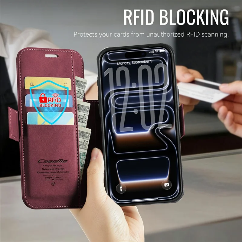 CASEME 053 para iPhone 17 Pro Max Funda Magnética con Bloqueo RFID, Funda Tipo Cartera de Cuero, Cubierta para Teléfono - Rojo