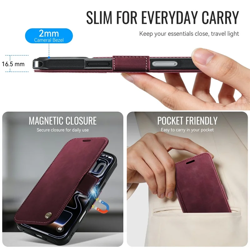 CASEME 053 para iPhone 17 Pro Max Funda Magnética con Bloqueo RFID, Funda Tipo Cartera de Cuero, Cubierta para Teléfono - Rojo