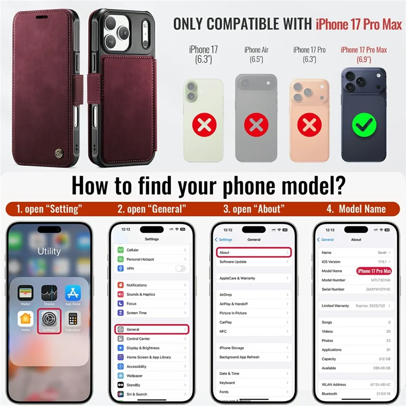 CASEME 053 para iPhone 17 Pro Max Funda Magnética con Bloqueo RFID, Funda Tipo Cartera de Cuero, Cubierta para Teléfono - Rojo