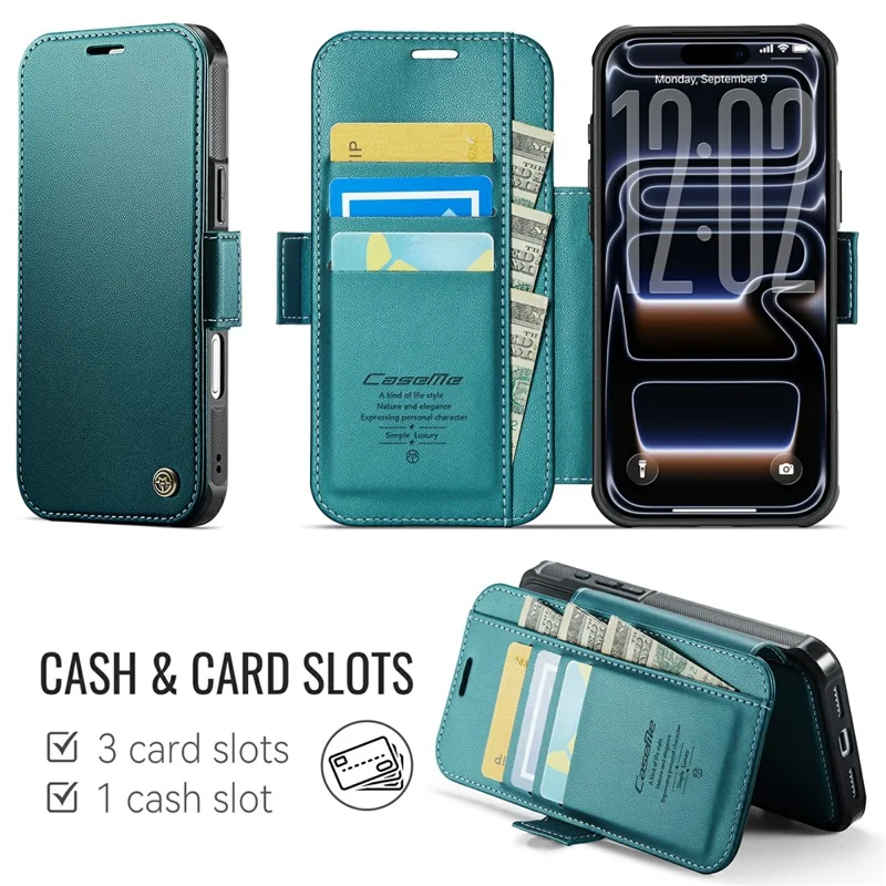 CASEME 053 para iPhone 17 Pro Max Funda Magnética con Bloqueo RFID, Cartera de Cuero, Funda Abatible - Azul Verde