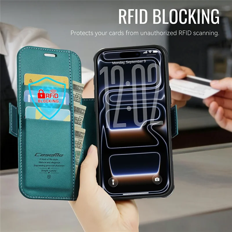 CASEME 053 para iPhone 17 Pro Max Funda Magnética con Bloqueo RFID, Cartera de Cuero, Funda Abatible - Azul Verde