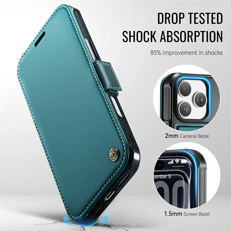 CASEME 053 para iPhone 17 Pro Max Funda Magnética con Bloqueo RFID, Cartera de Cuero, Funda Abatible - Azul Verde