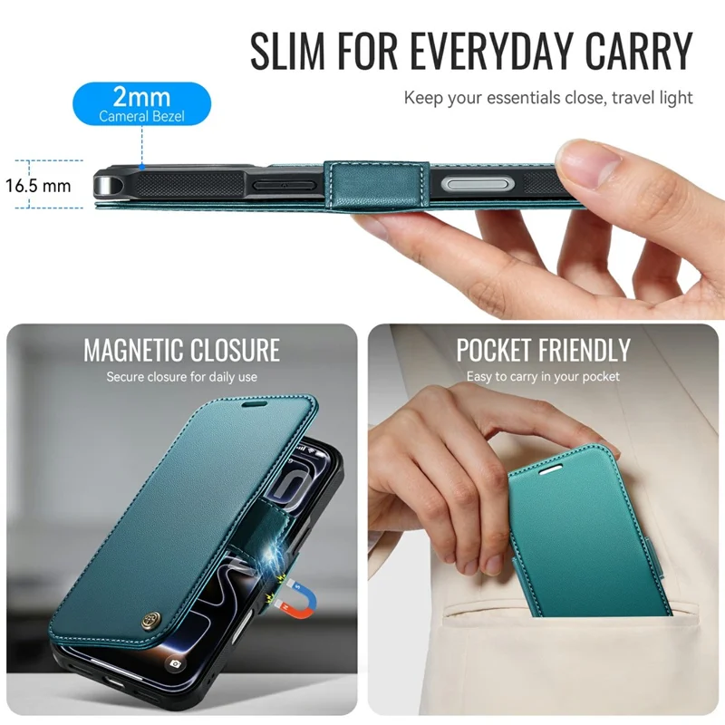 CASEME 053 para iPhone 17 Pro Max Funda Magnética con Bloqueo RFID, Cartera de Cuero, Funda Abatible - Azul Verde