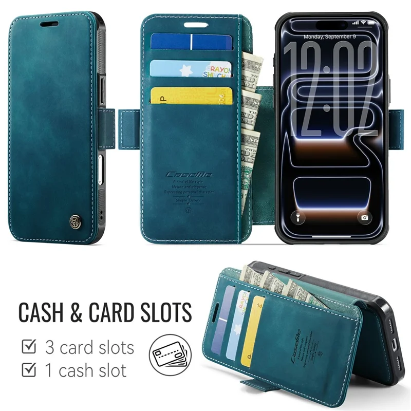 CASEME 053 para iPhone 17 Pro Max Funda Magnética con Bloqueo RFID, Funda Tipo Cartera de Cuero - Azul Retro