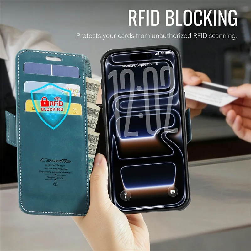 CASEME 053 para iPhone 17 Pro Max Funda Magnética con Bloqueo RFID, Funda Tipo Cartera de Cuero - Azul Retro