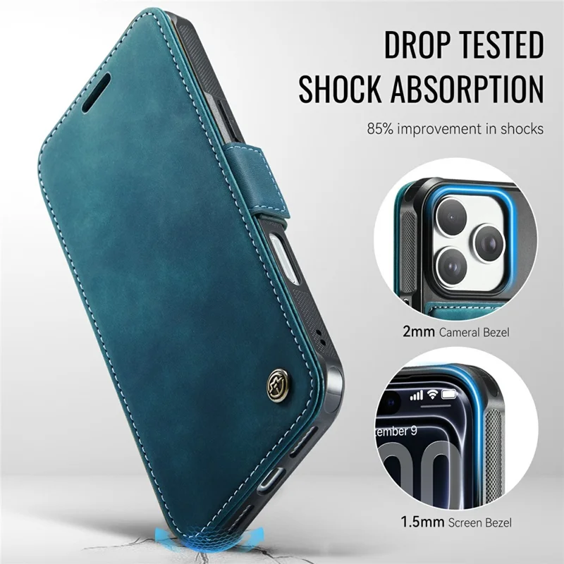 CASEME 053 para iPhone 17 Pro Max Funda Magnética con Bloqueo RFID, Funda Tipo Cartera de Cuero - Azul Retro