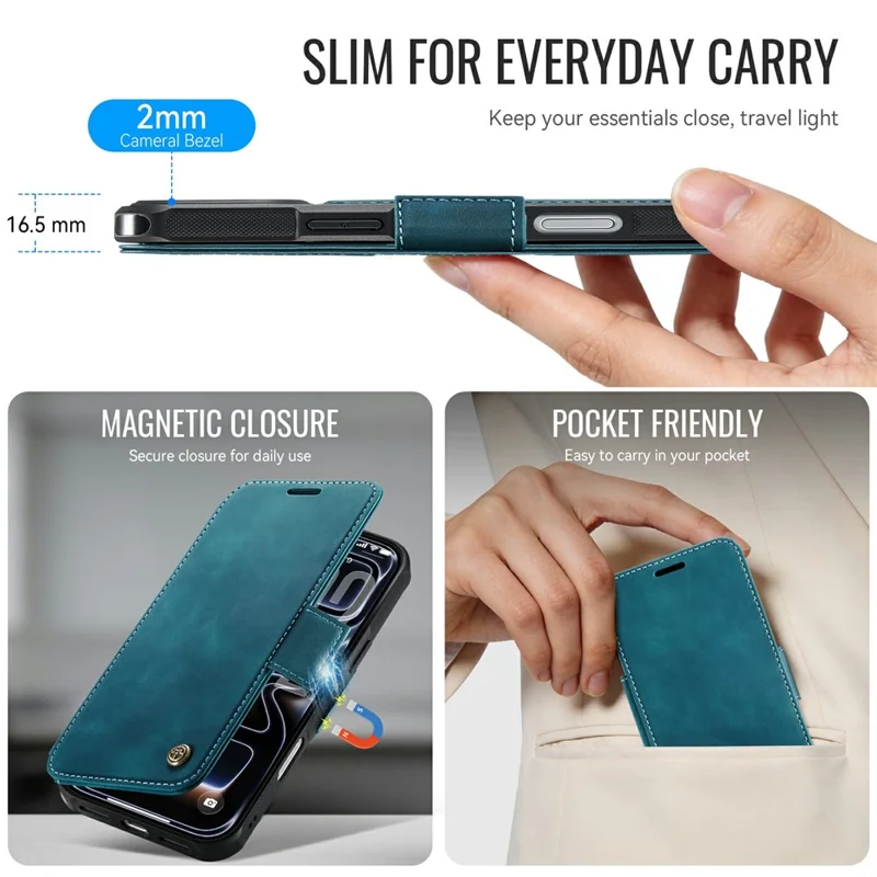 CASEME 053 para iPhone 17 Pro Max Funda Magnética con Bloqueo RFID, Funda Tipo Cartera de Cuero - Azul Retro