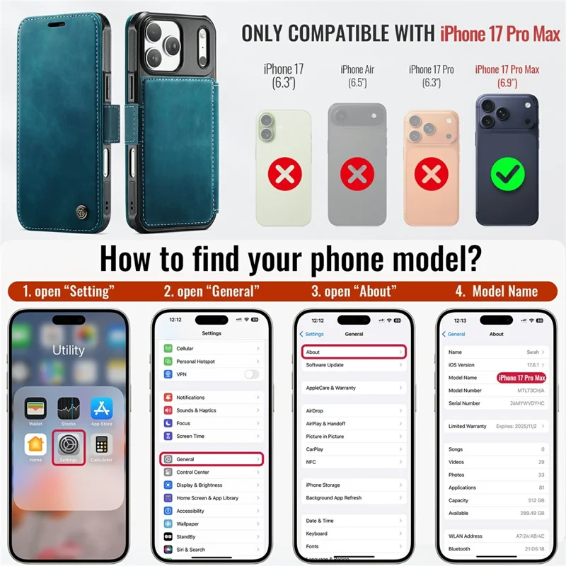 CASEME 053 para iPhone 17 Pro Max Funda Magnética con Bloqueo RFID, Funda Tipo Cartera de Cuero - Azul Retro