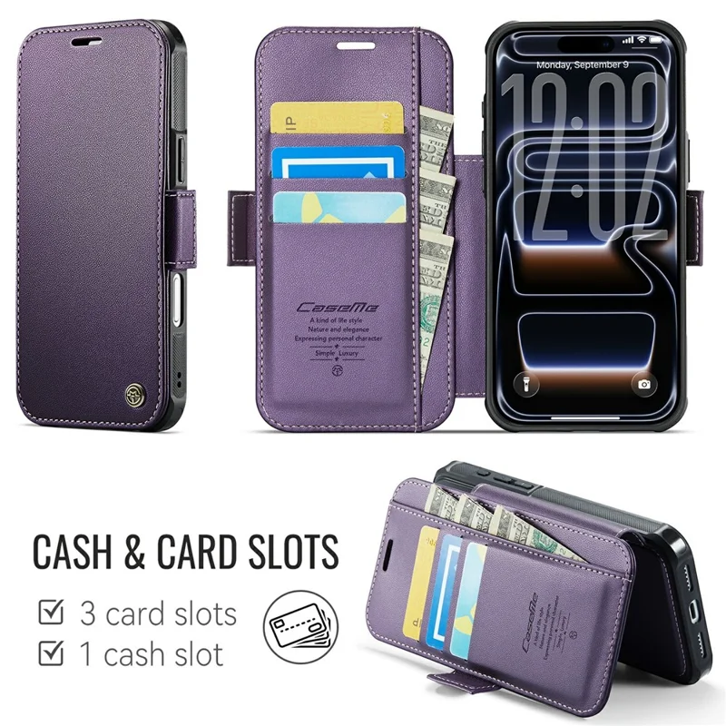 CASEME 053 para iPhone 17 Pro Max Funda Magnética con Bloqueo RFID, Cartera de Cuero Plegable para Teléfono - Morado