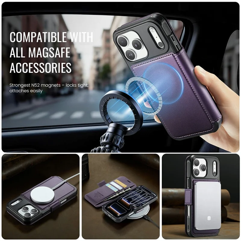 CASEME 053 para iPhone 17 Pro Max Funda Magnética con Bloqueo RFID, Cartera de Cuero Plegable para Teléfono - Morado