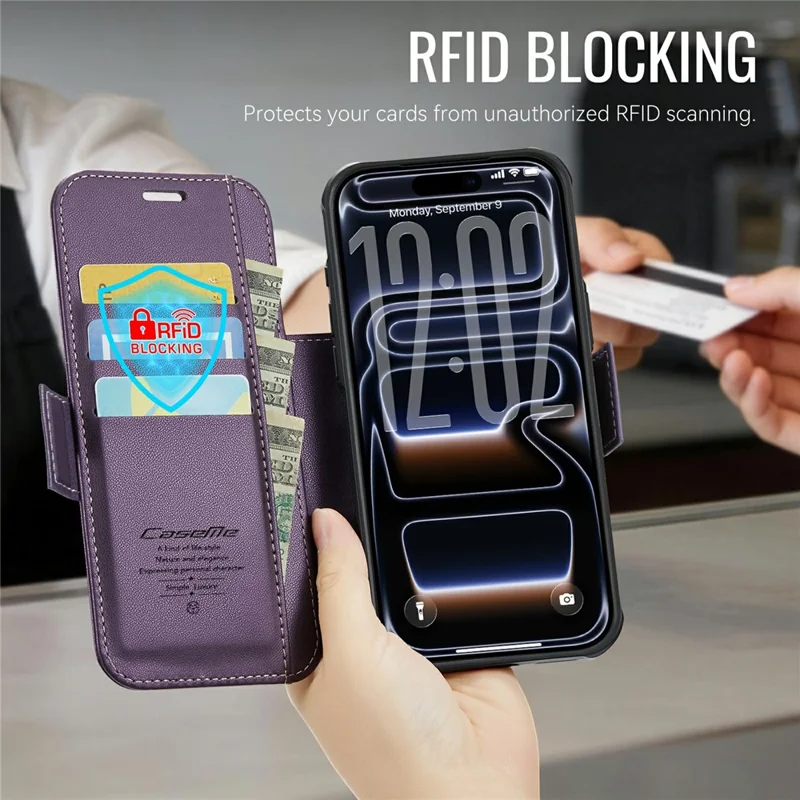 CASEME 053 para iPhone 17 Pro Max Funda Magnética con Bloqueo RFID, Cartera de Cuero Plegable para Teléfono - Morado