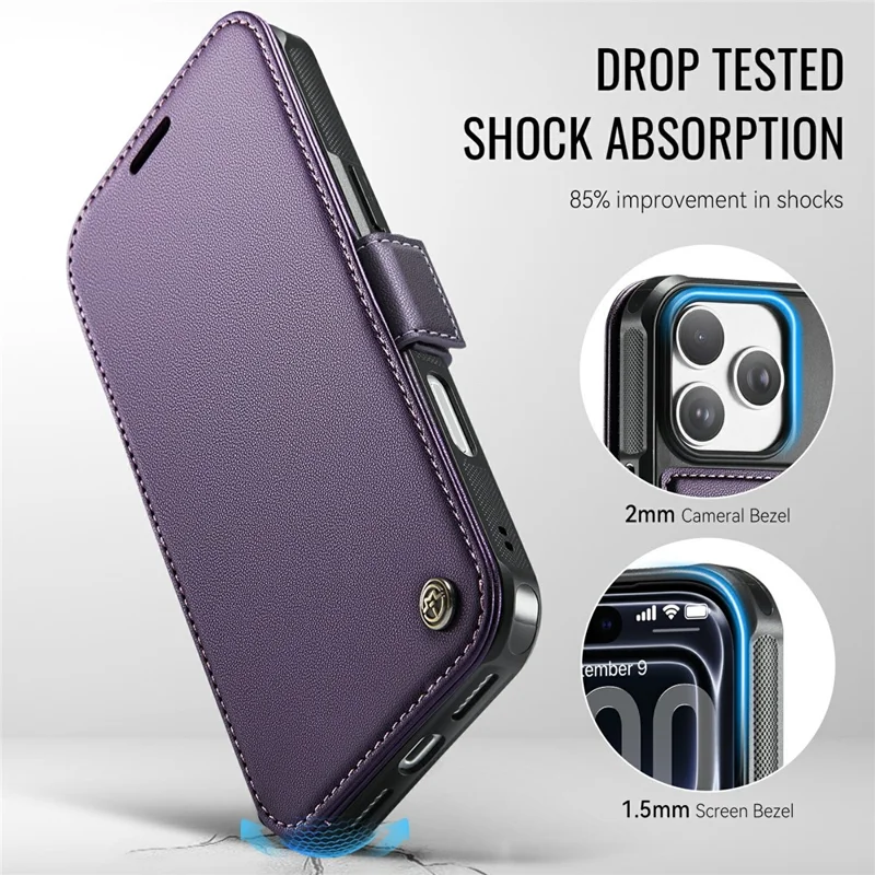 CASEME 053 para iPhone 17 Pro Max Funda Magnética con Bloqueo RFID, Cartera de Cuero Plegable para Teléfono - Morado
