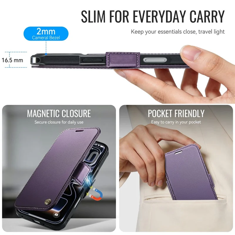 CASEME 053 para iPhone 17 Pro Max Funda Magnética con Bloqueo RFID, Cartera de Cuero Plegable para Teléfono - Morado