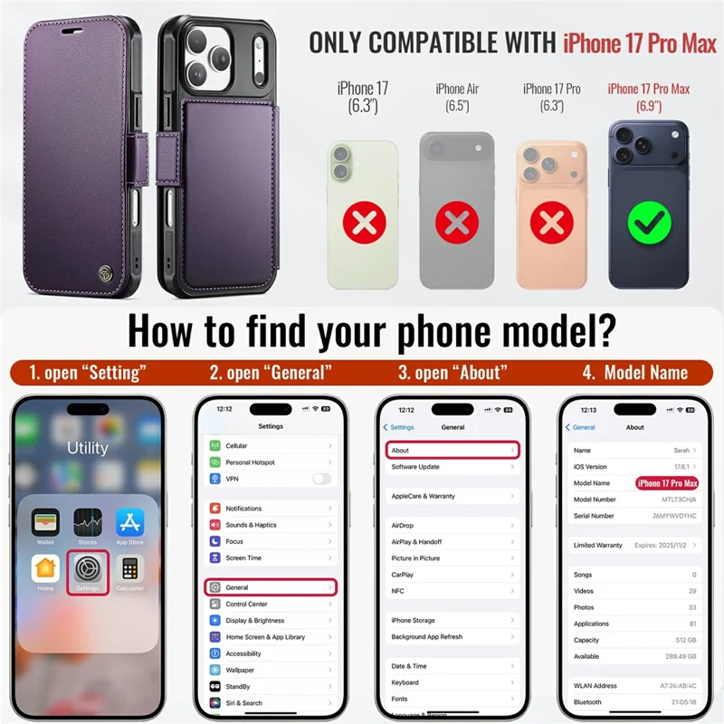 CASEME 053 para iPhone 17 Pro Max Funda Magnética con Bloqueo RFID, Cartera de Cuero Plegable para Teléfono - Morado