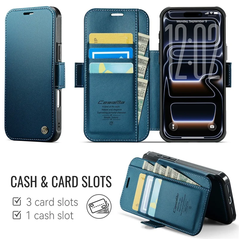 CASEME 053 para iPhone 17 Pro Max Funda Magnética con Bloqueo RFID, Cartera de Cuero Plegable - Azul