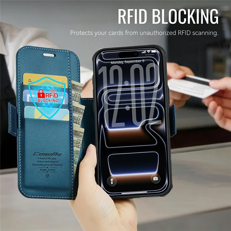CASEME 053 para iPhone 17 Pro Max Funda Magnética con Bloqueo RFID, Cartera de Cuero Plegable - Azul