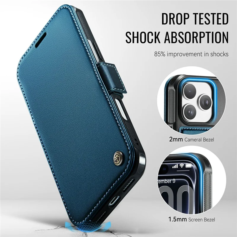CASEME 053 para iPhone 17 Pro Max Funda Magnética con Bloqueo RFID, Cartera de Cuero Plegable - Azul