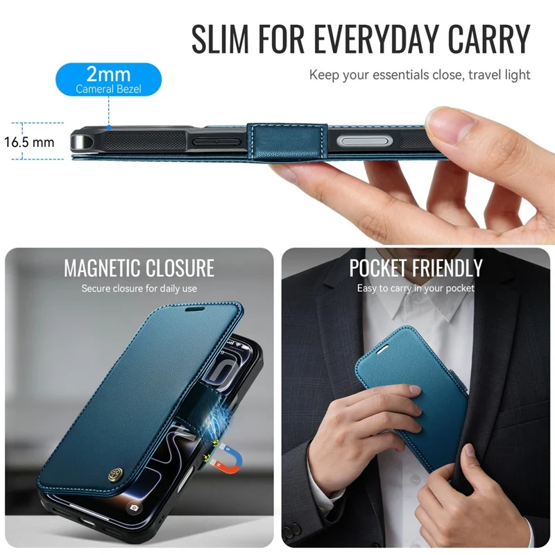 CASEME 053 para iPhone 17 Pro Max Funda Magnética con Bloqueo RFID, Cartera de Cuero Plegable - Azul